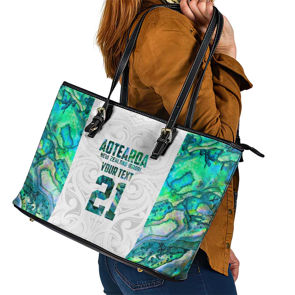 Custom New Zealand Aotearoa Leather Tote Bag Green Maori Paua Shell Indigenous - Aussie Hoodie