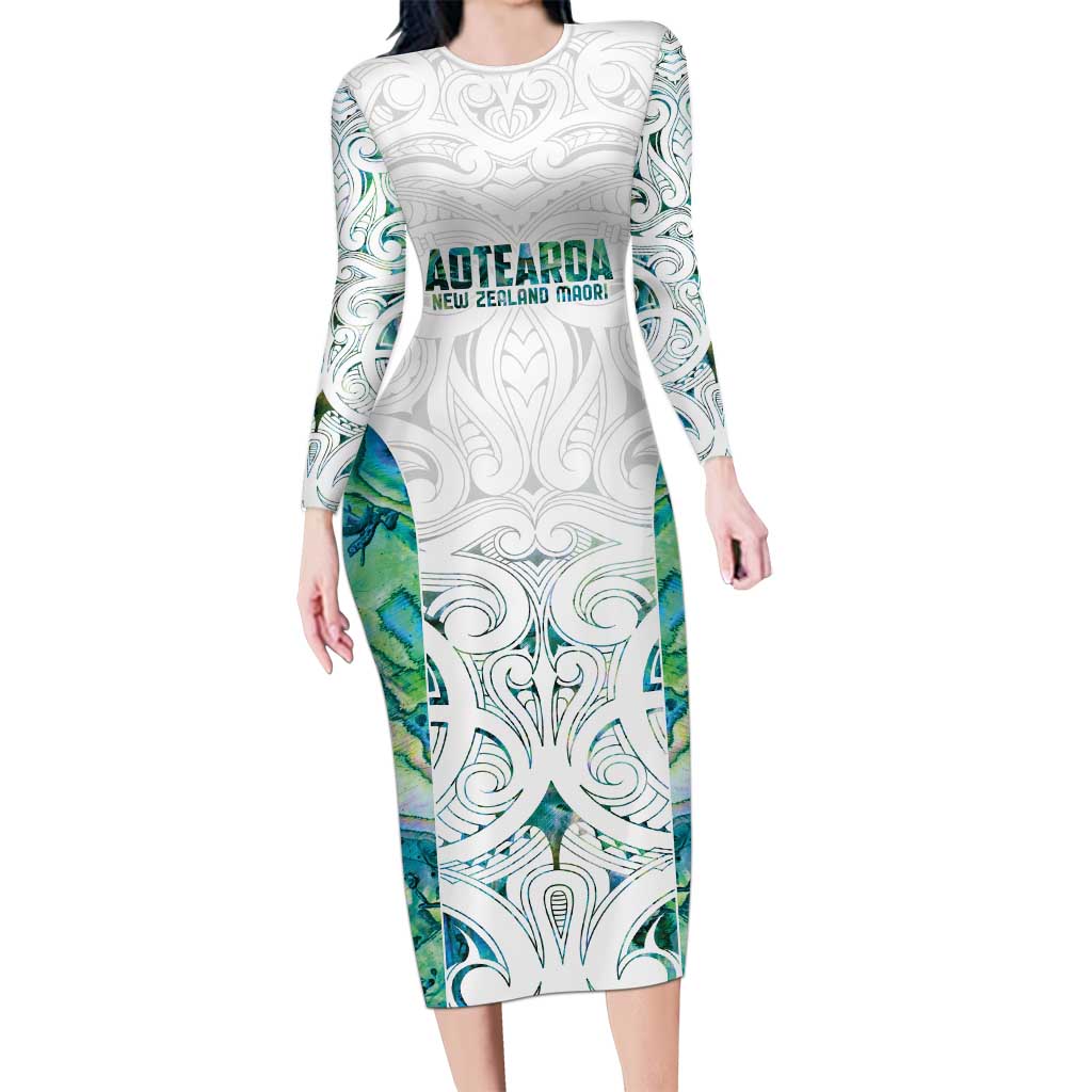 Custom New Zealand Aotearoa Long Sleeve Bodycon Dress Green Maori Paua Shell Indigenous - Aussie Hoodie