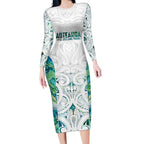 Custom New Zealand Aotearoa Long Sleeve Bodycon Dress Green Maori Paua Shell Indigenous - Aussie Hoodie