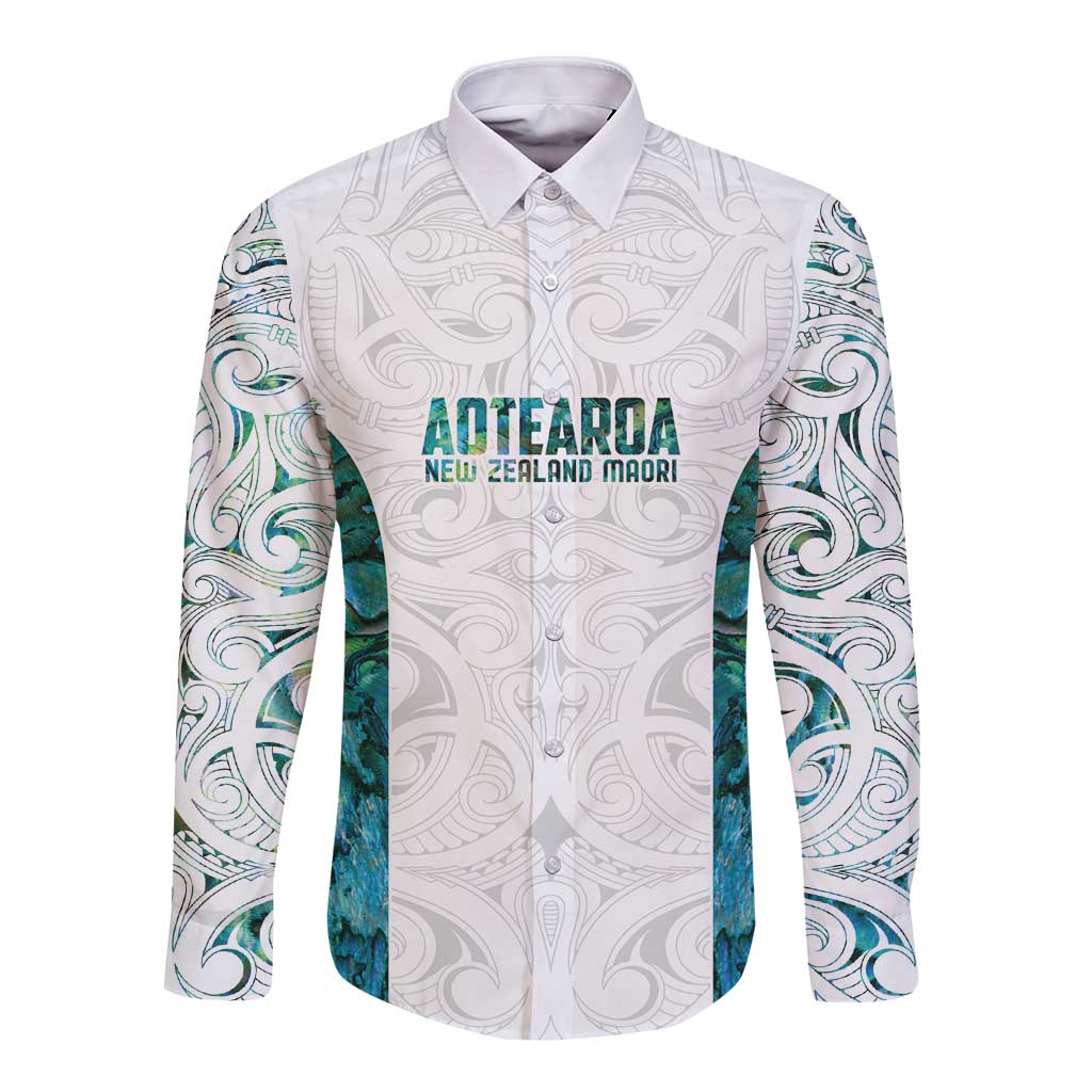 Custom New Zealand Aotearoa Long Sleeve Button Shirt Green Maori Paua Shell Indigenous - Aussie Hoodie