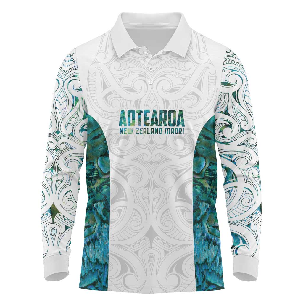 Custom New Zealand Aotearoa Long Sleeve Polo Shirt Green Maori Paua Shell Indigenous - Aussie Hoodie