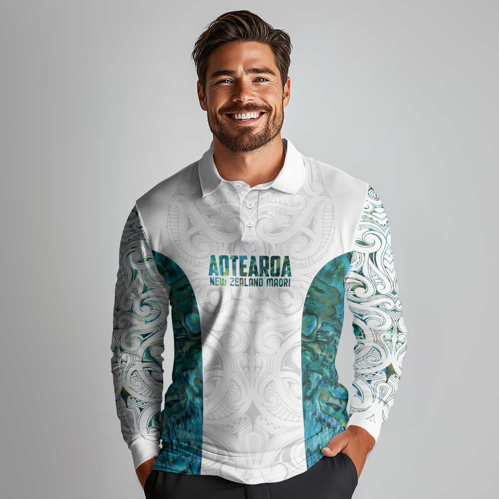 Custom New Zealand Aotearoa Long Sleeve Polo Shirt Green Maori Paua Shell Indigenous - Aussie Hoodie