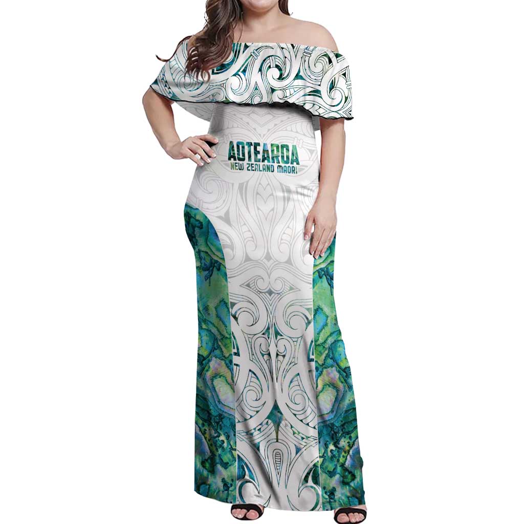 Custom New Zealand Aotearoa Off Shoulder Maxi Dress Green Maori Paua Shell Indigenous - Aussie Hoodie