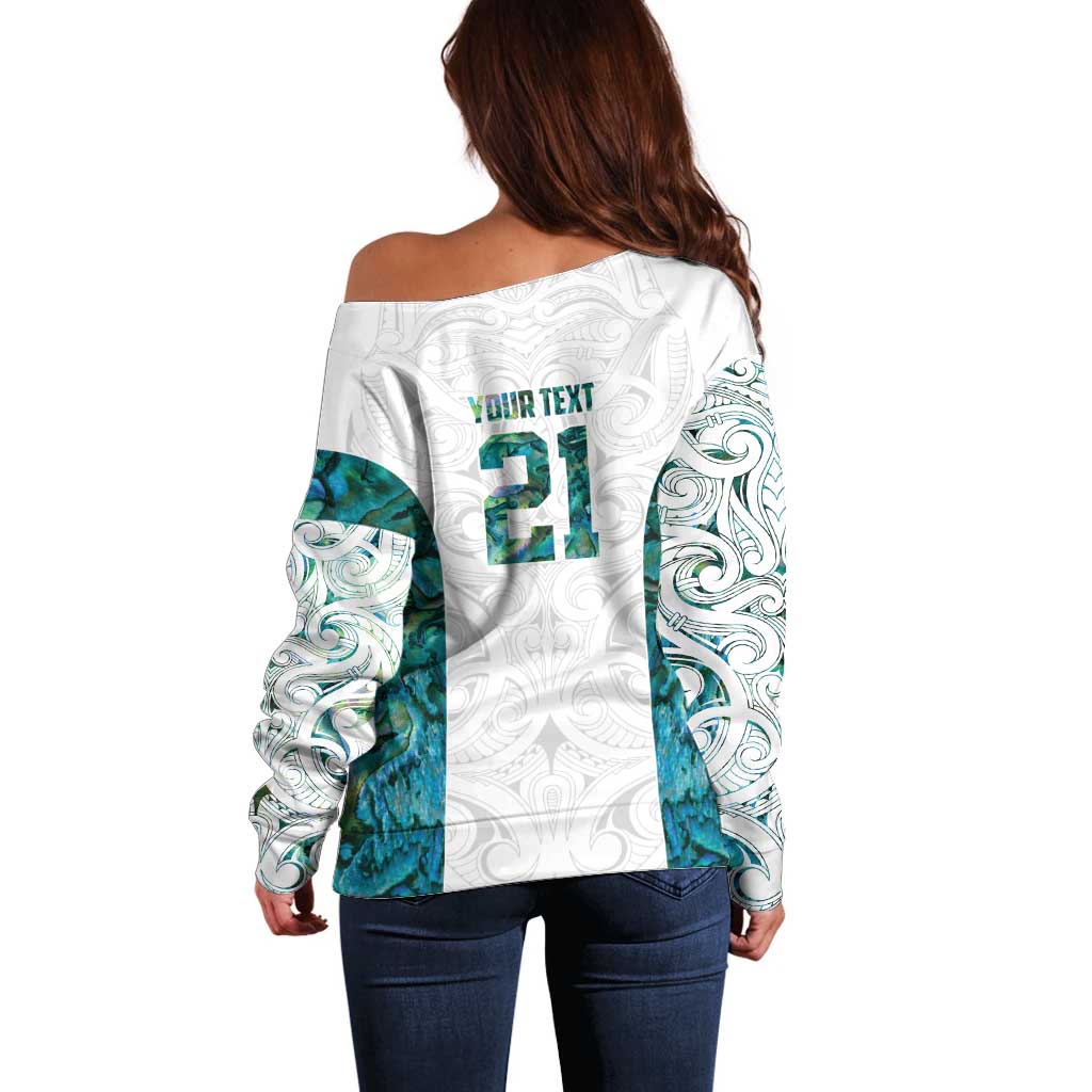 Custom New Zealand Aotearoa Off Shoulder Sweater Green Maori Paua Shell Indigenous - Aussie Hoodie