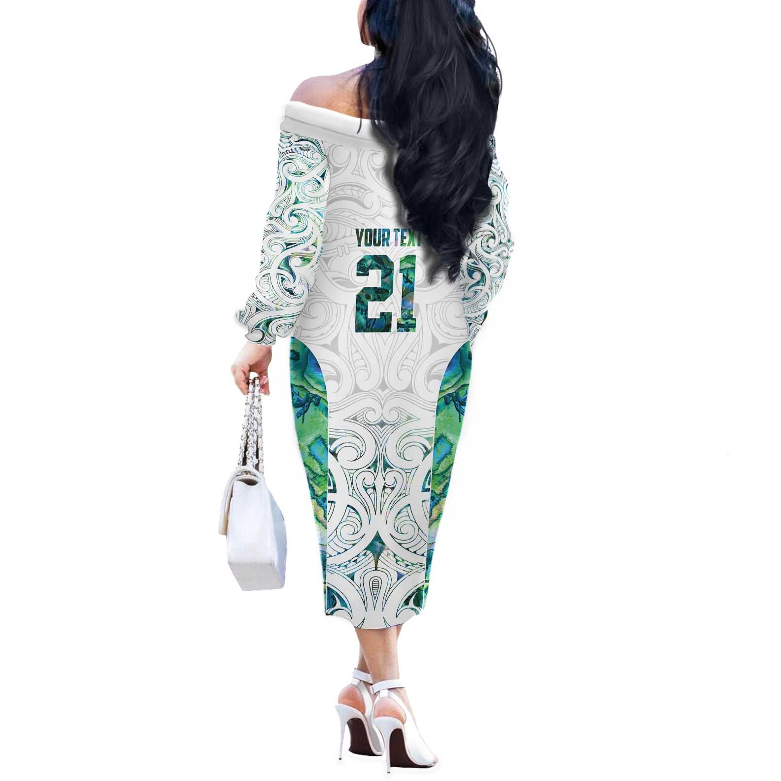 Custom New Zealand Aotearoa Off The Shoulder Long Sleeve Dress Green Maori Paua Shell Indigenous - Aussie Hoodie