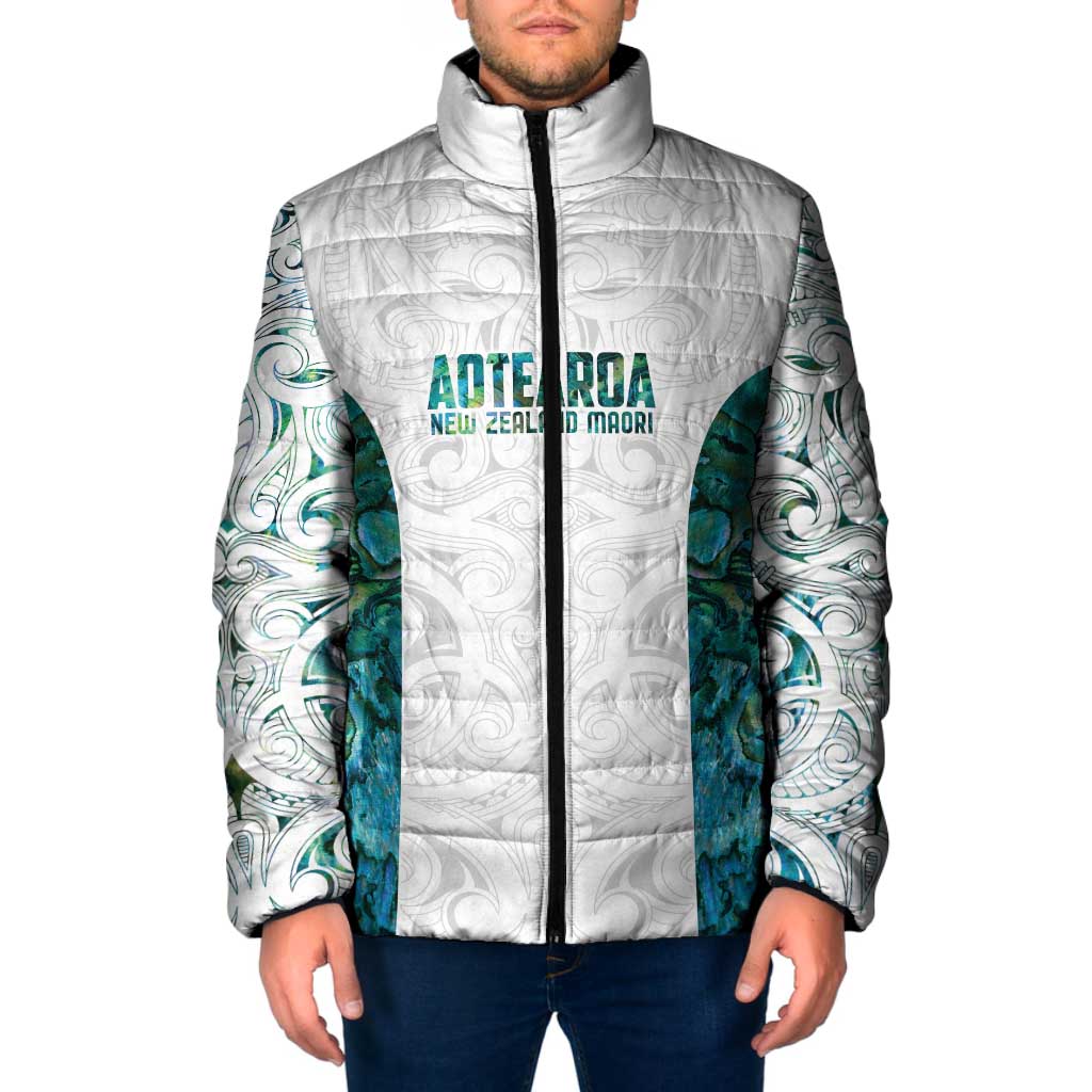 Custom New Zealand Aotearoa Padded Jacket Green Maori Paua Shell Indigenous - Aussie Hoodie