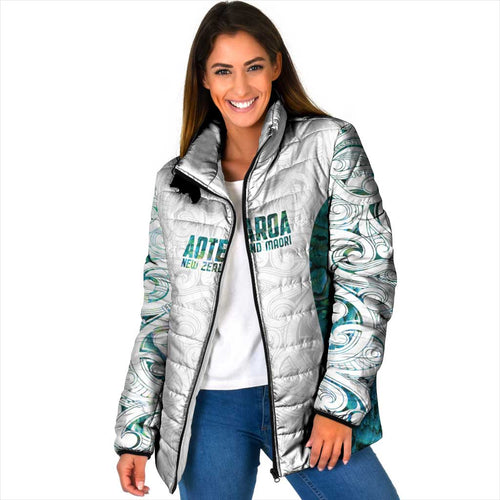 Custom New Zealand Aotearoa Padded Jacket Green Maori Paua Shell Indigenous - Aussie Hoodie