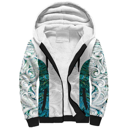 Custom New Zealand Aotearoa Sherpa Hoodie Green Maori Paua Shell Indigenous - Aussie Hoodie