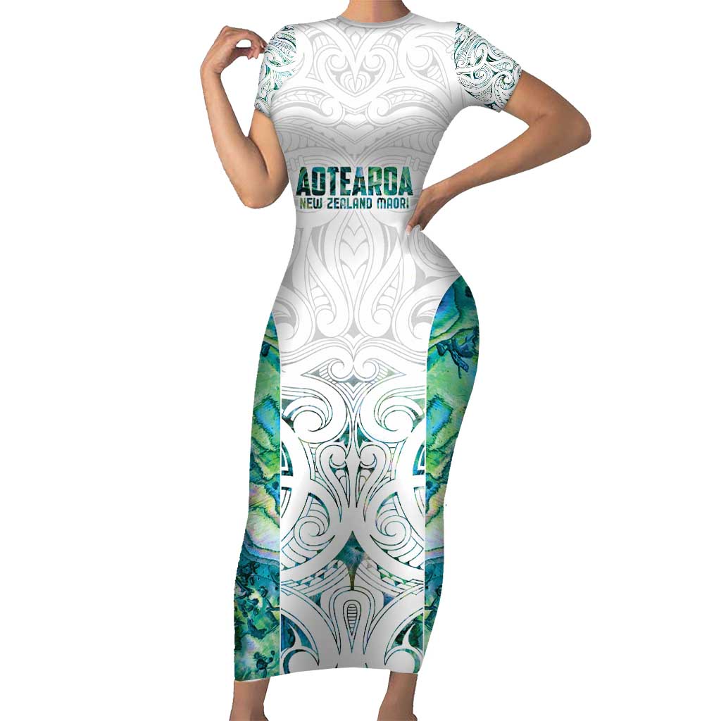 Custom New Zealand Aotearoa Short Sleeve Bodycon Dress Green Maori Paua Shell Indigenous - Aussie Hoodie