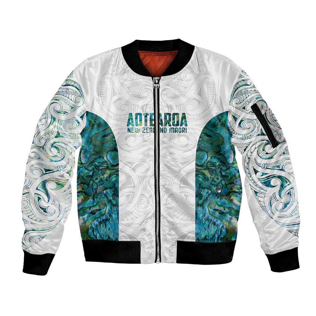 Custom New Zealand Aotearoa Sleeve Zip Bomber Jacket Green Maori Paua Shell Indigenous - Aussie Hoodie