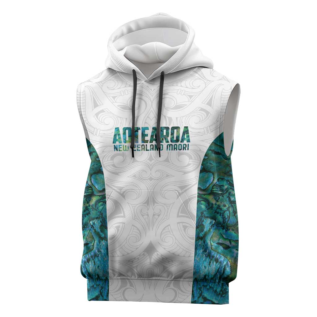 Custom New Zealand Aotearoa Sleeveless Hoodie Green Maori Paua Shell Indigenous - Aussie Hoodie