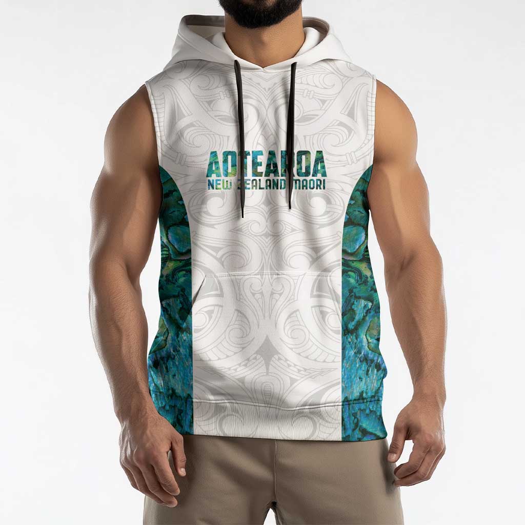 Custom New Zealand Aotearoa Sleeveless Hoodie Green Maori Paua Shell Indigenous - Aussie Hoodie