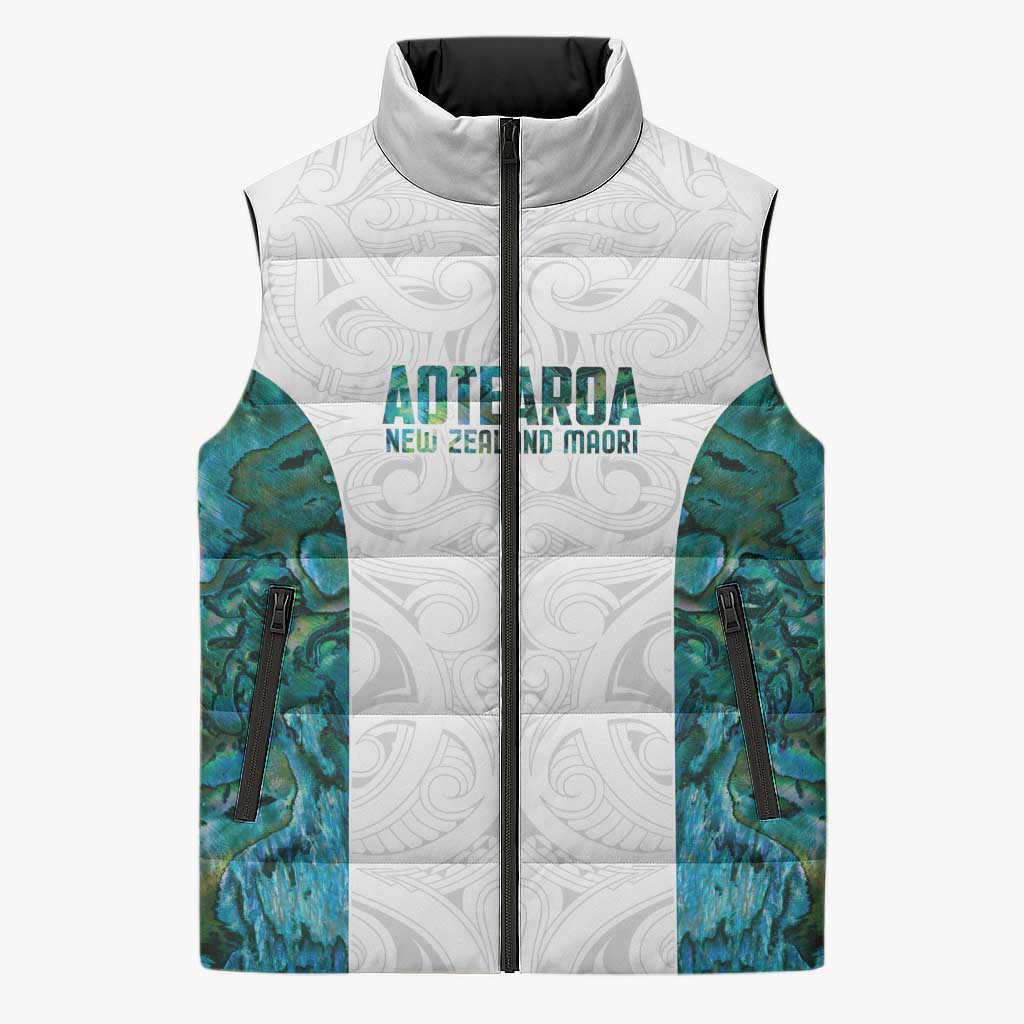 Custom New Zealand Aotearoa Sleeveless Puffer Jacket Green Maori Paua Shell Indigenous - Aussie Hoodie