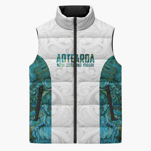 Custom New Zealand Aotearoa Sleeveless Puffer Jacket Green Maori Paua Shell Indigenous - Aussie Hoodie