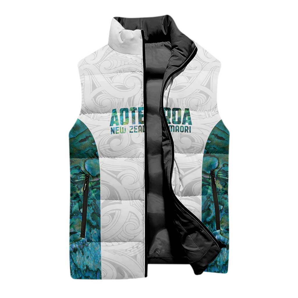 Custom New Zealand Aotearoa Sleeveless Puffer Jacket Green Maori Paua Shell Indigenous - Aussie Hoodie