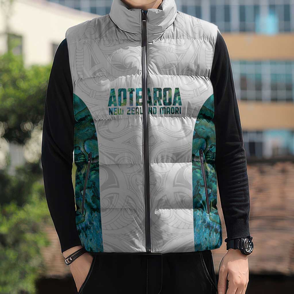 Custom New Zealand Aotearoa Sleeveless Puffer Jacket Green Maori Paua Shell Indigenous - Aussie Hoodie