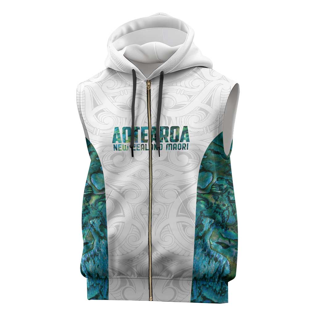 Custom New Zealand Aotearoa Sleeveless Zip Hoodie Green Maori Paua Shell Indigenous - Aussie Hoodie