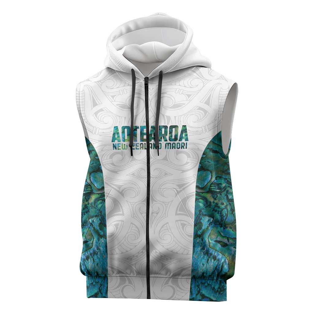 Custom New Zealand Aotearoa Sleeveless Zip Hoodie Green Maori Paua Shell Indigenous LT9