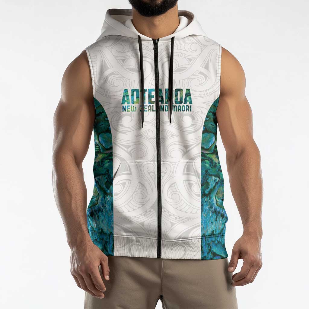 Custom New Zealand Aotearoa Sleeveless Zip Hoodie Green Maori Paua Shell Indigenous LT9