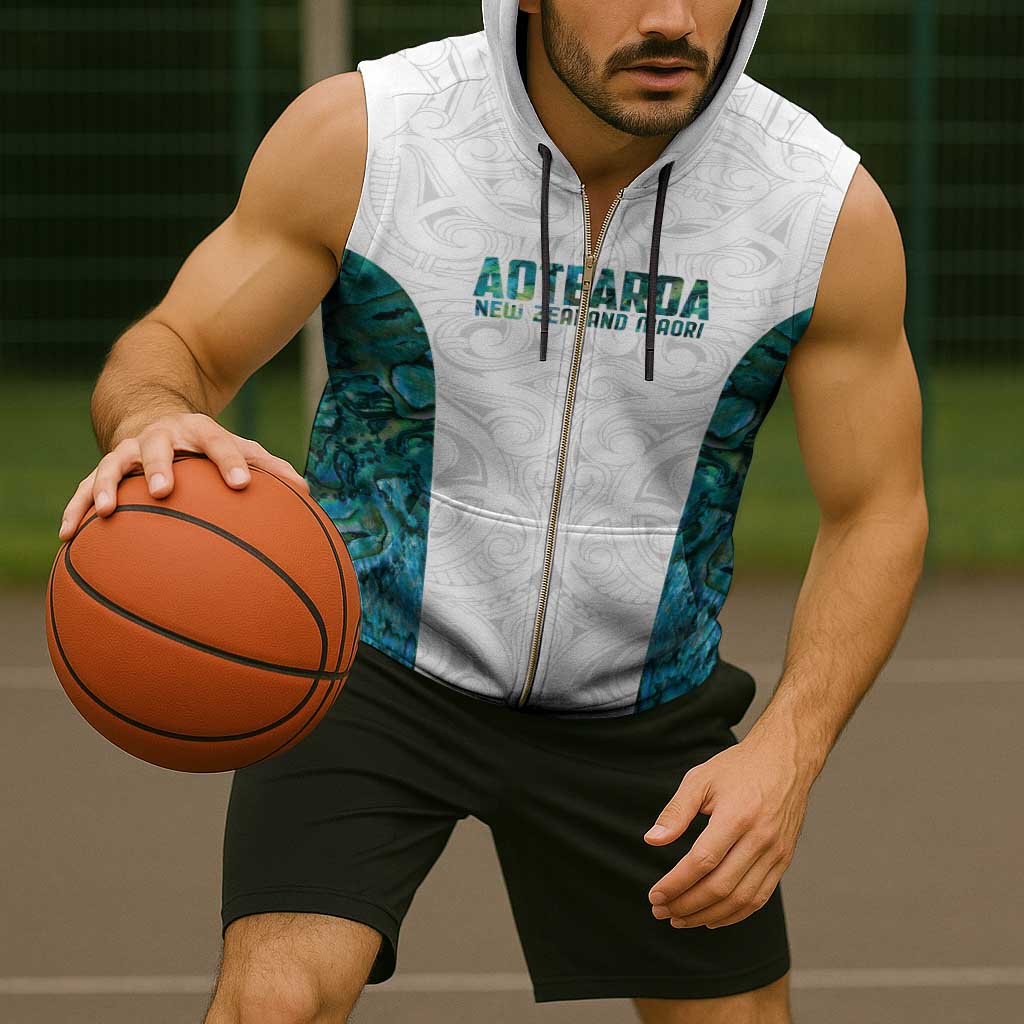Custom New Zealand Aotearoa Sleeveless Zip Hoodie Green Maori Paua Shell Indigenous - Aussie Hoodie