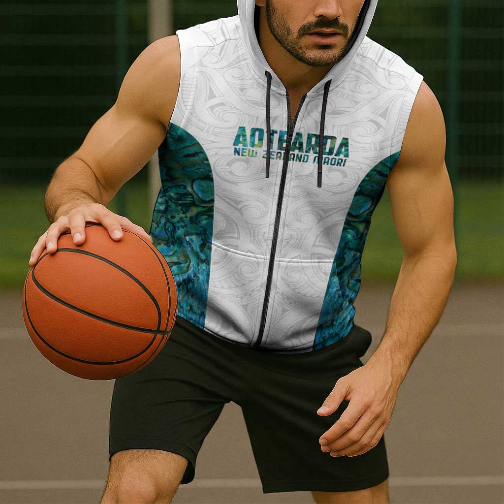 Custom New Zealand Aotearoa Sleeveless Zip Hoodie Green Maori Paua Shell Indigenous LT9