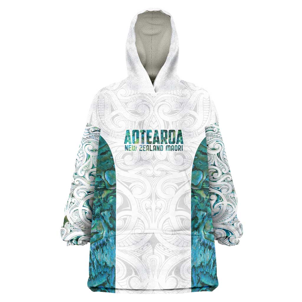 Custom New Zealand Aotearoa Wearable Blanket Hoodie Green Maori Paua Shell Indigenous - Aussie Hoodie