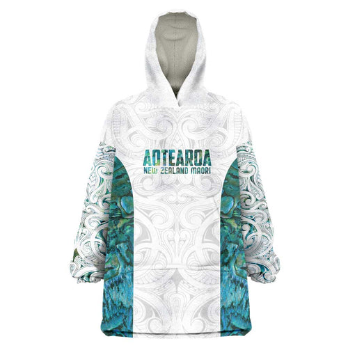 Custom New Zealand Aotearoa Wearable Blanket Hoodie Green Maori Paua Shell Indigenous - Aussie Hoodie