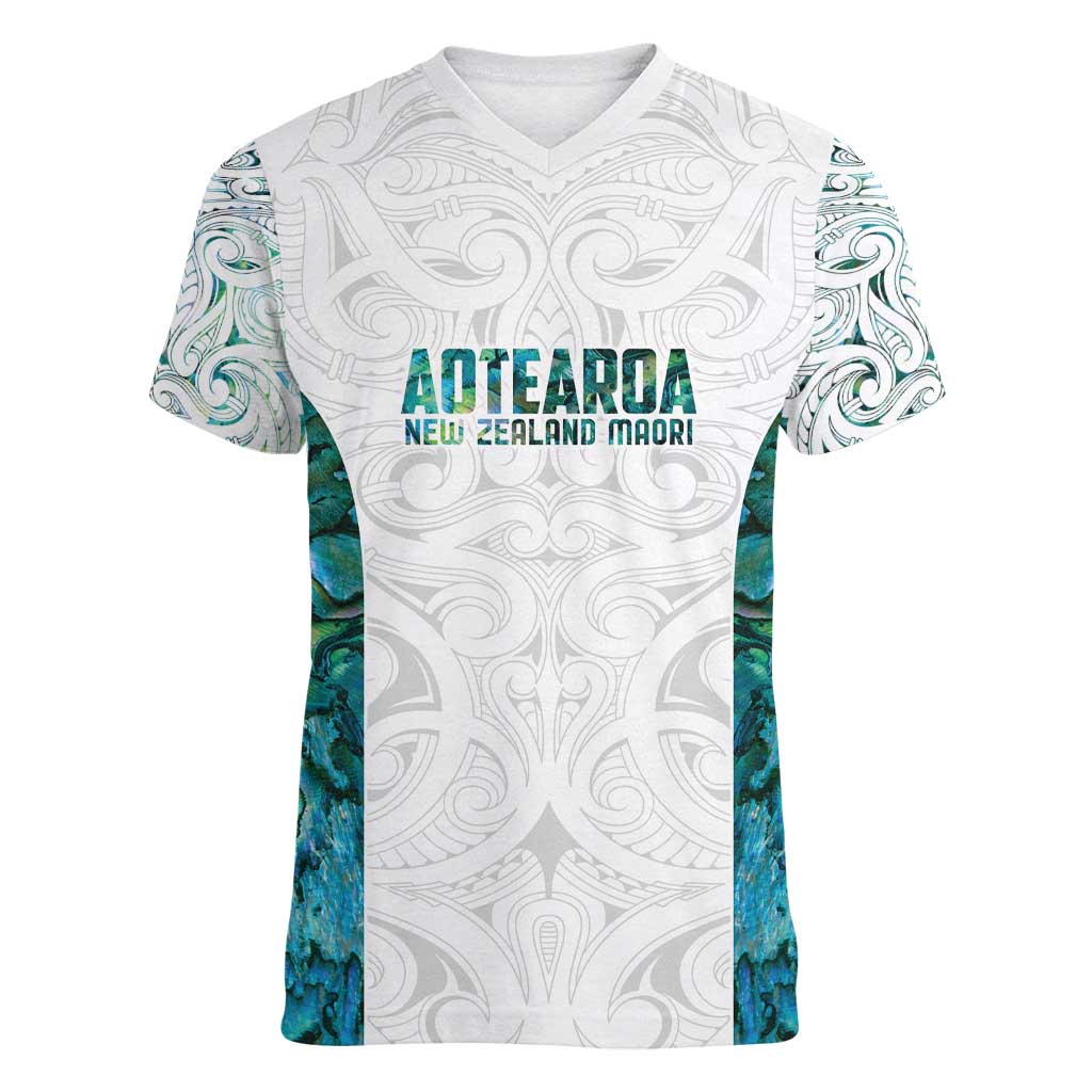 Custom New Zealand Aotearoa Women V-Neck T-Shirt Green Maori Paua Shell Indigenous - Aussie Hoodie