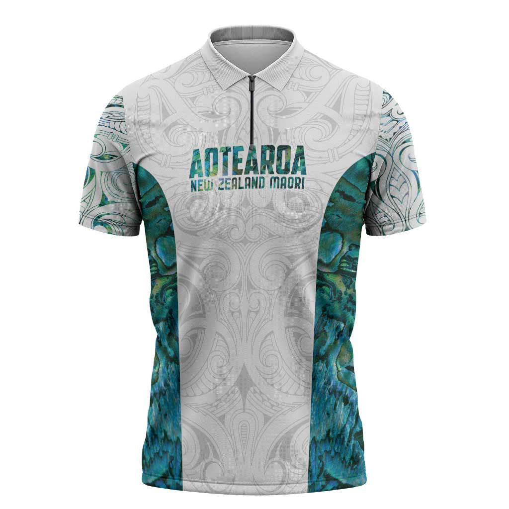 Custom New Zealand Aotearoa Zipper Polo Shirt Green Maori Paua Shell Indigenous - Aussie Hoodie