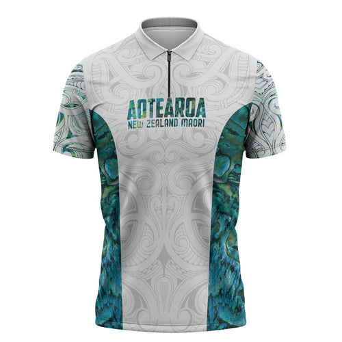 Custom New Zealand Aotearoa Zipper Polo Shirt Green Maori Paua Shell Indigenous - Aussie Hoodie