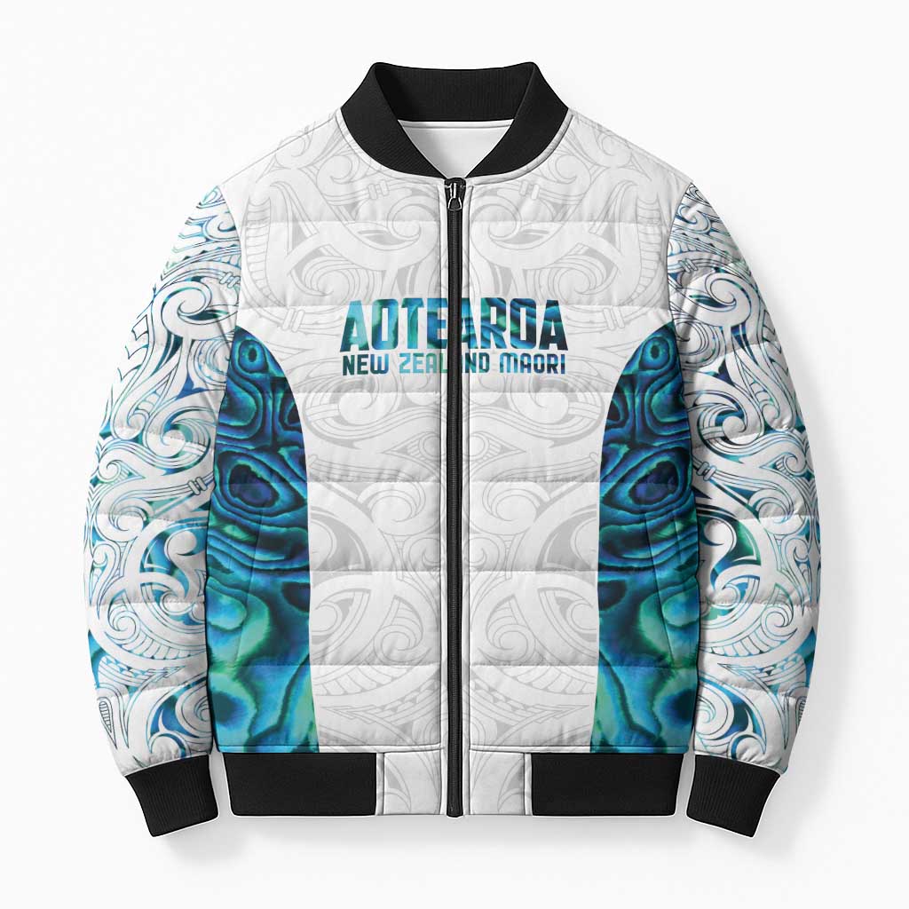 Custom New Zealand Aotearoa Bomber Puffer Jacket Maori Paua Shell Indigenous - Aussie Hoodie