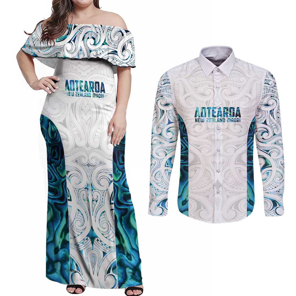 Custom New Zealand Aotearoa Couples Matching Off Shoulder Maxi Dress and Long Sleeve Button Shirt Maori Paua Shell Indigenous - Aussie Hoodie