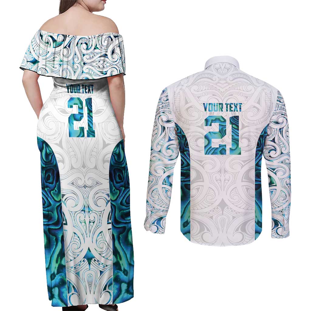 Custom New Zealand Aotearoa Couples Matching Off Shoulder Maxi Dress and Long Sleeve Button Shirt Maori Paua Shell Indigenous - Aussie Hoodie