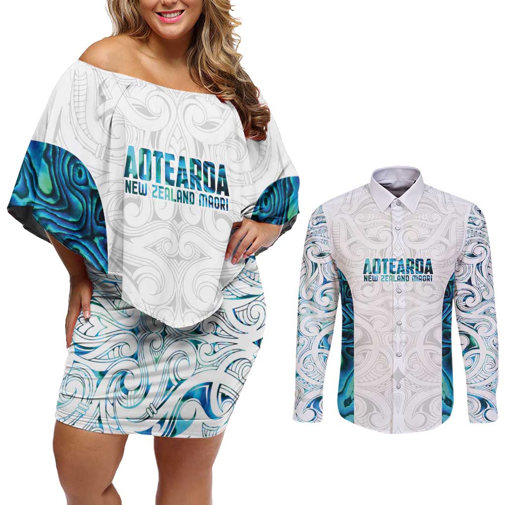 Custom New Zealand Aotearoa Couples Matching Off Shoulder Short Dress and Long Sleeve Button Shirt Maori Paua Shell Indigenous - Aussie Hoodie