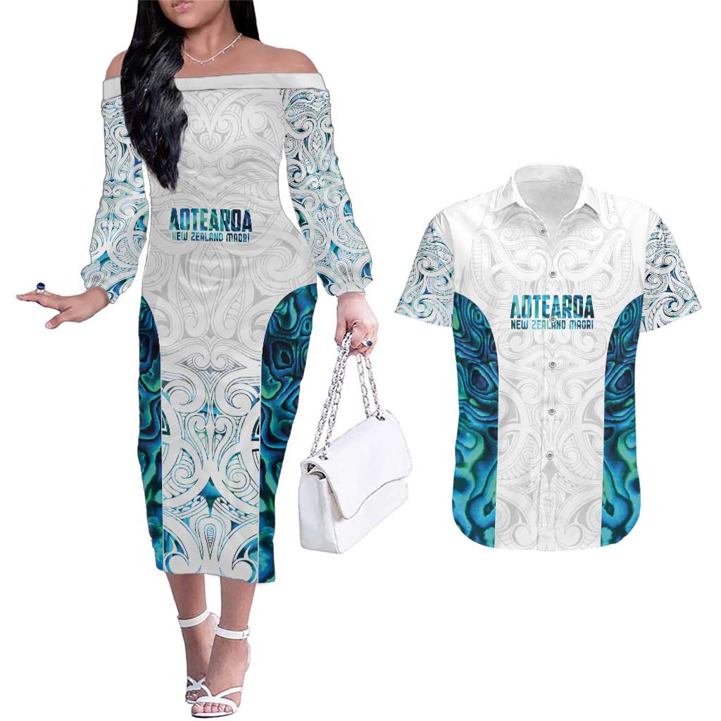 Custom New Zealand Aotearoa Couples Matching Off The Shoulder Long Sleeve Dress and Hawaiian Shirt Maori Paua Shell Indigenous - Aussie Hoodie