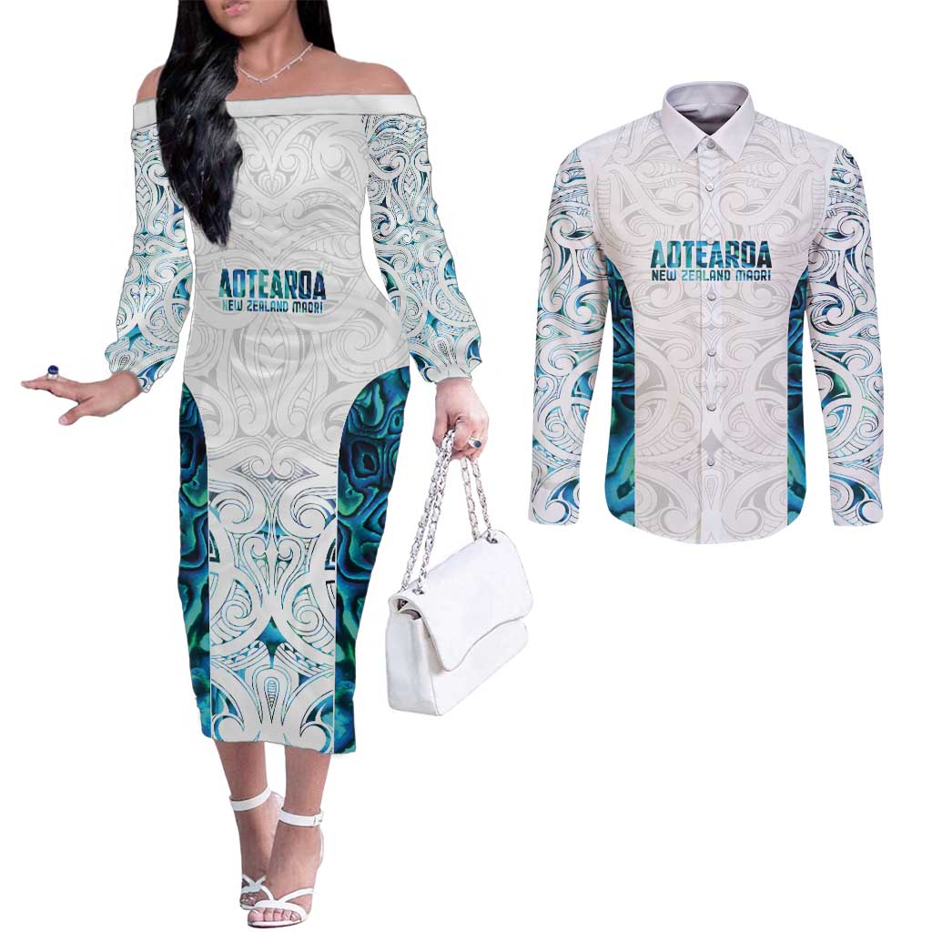 Custom New Zealand Aotearoa Couples Matching Off The Shoulder Long Sleeve Dress and Long Sleeve Button Shirt Maori Paua Shell Indigenous - Aussie Hoodie