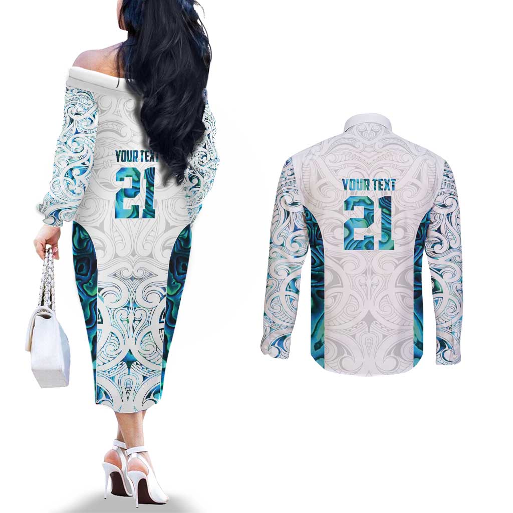 Custom New Zealand Aotearoa Couples Matching Off The Shoulder Long Sleeve Dress and Long Sleeve Button Shirt Maori Paua Shell Indigenous - Aussie Hoodie