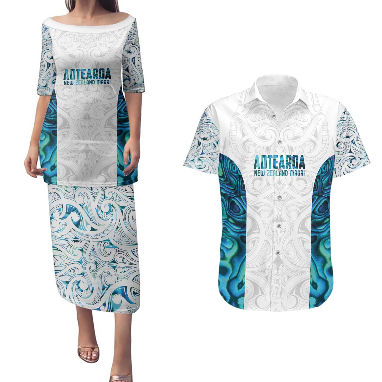Custom New Zealand Aotearoa Couples Matching Puletasi and Hawaiian Shirt Maori Paua Shell Indigenous - Aussie Hoodie