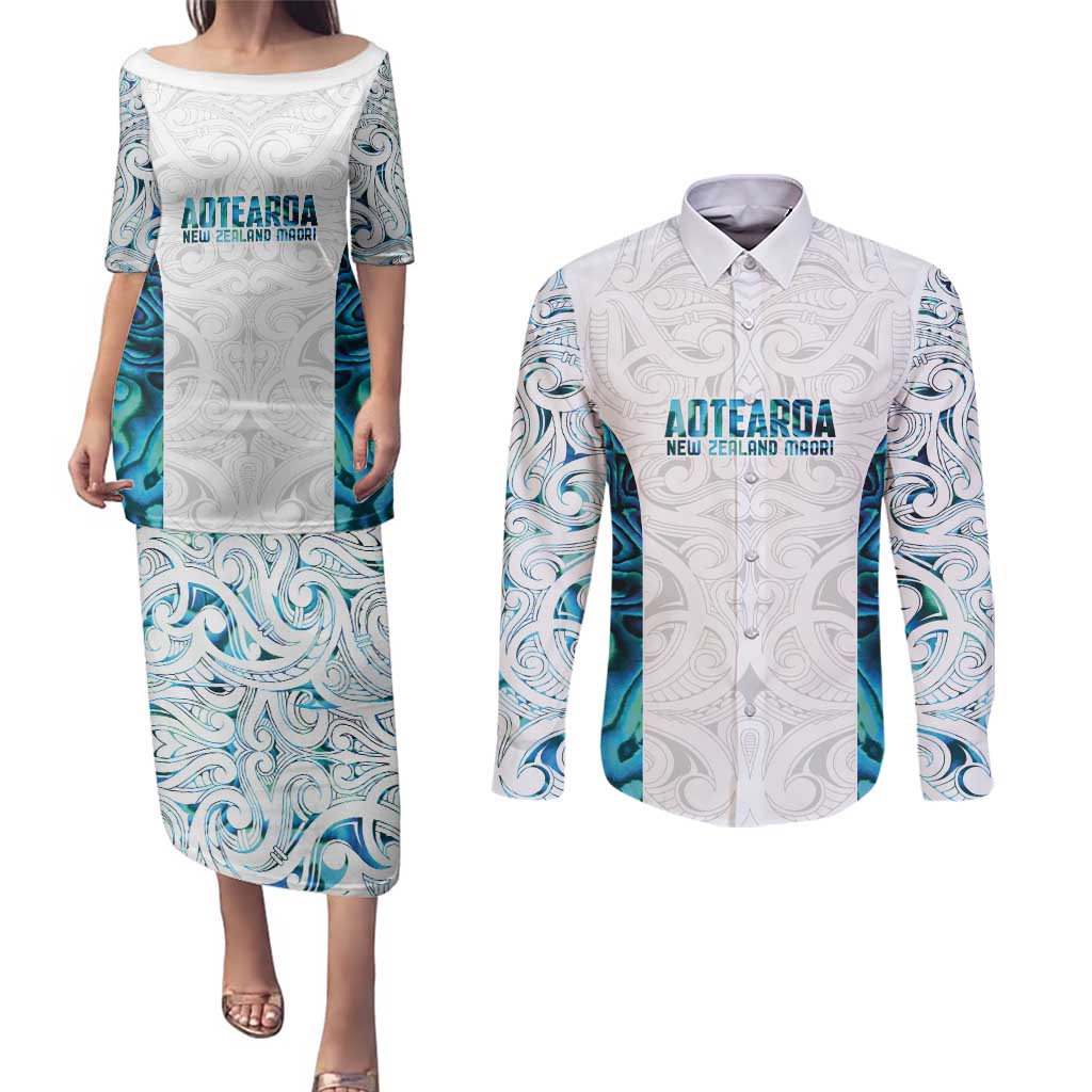 Custom New Zealand Aotearoa Couples Matching Puletasi and Long Sleeve Button Shirt Maori Paua Shell Indigenous - Aussie Hoodie