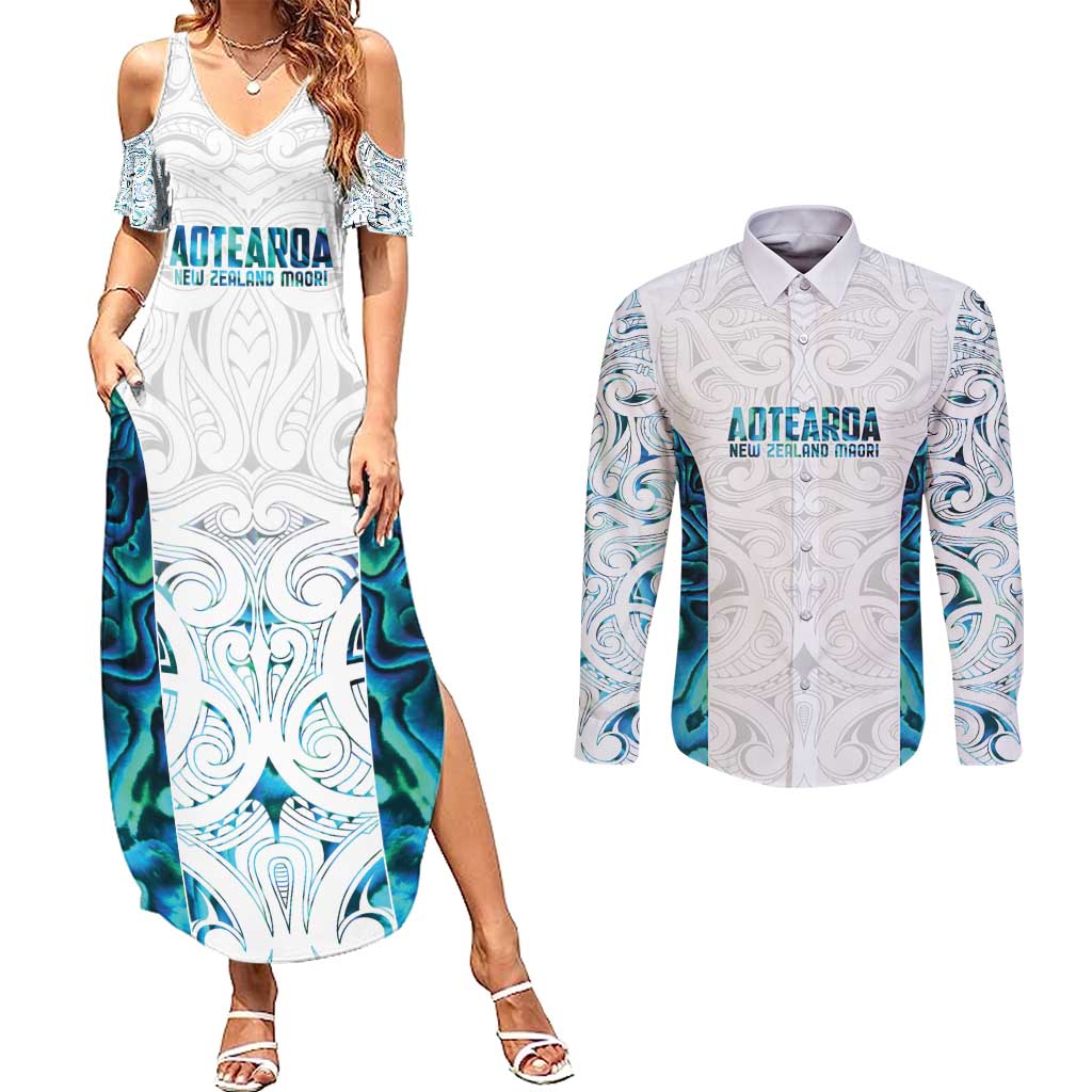 Custom New Zealand Aotearoa Couples Matching Summer Maxi Dress and Long Sleeve Button Shirt Maori Paua Shell Indigenous - Aussie Hoodie
