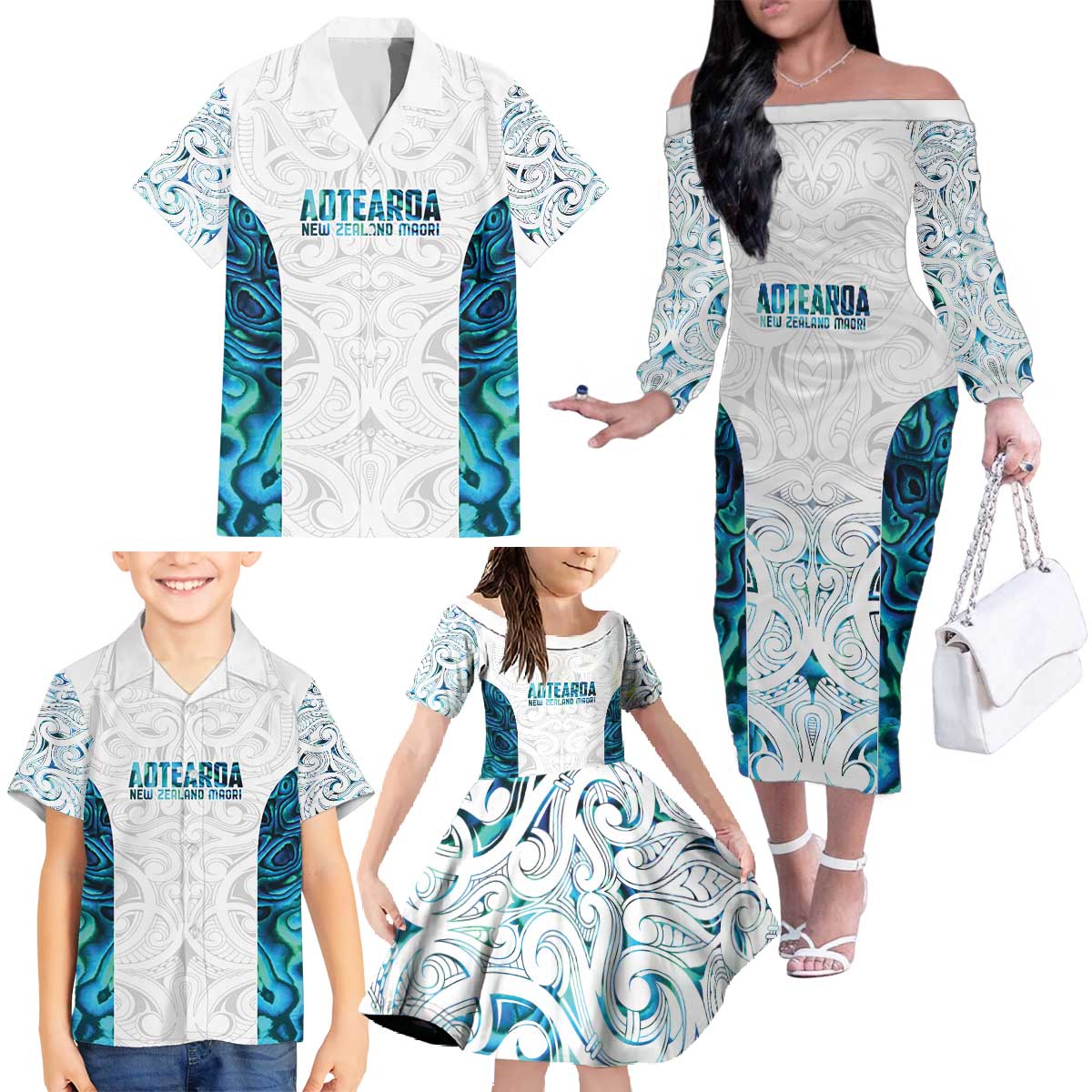 Custom New Zealand Aotearoa Family Matching Off The Shoulder Long Sleeve Dress and Hawaiian Shirt Maori Paua Shell Indigenous - Aussie Hoodie