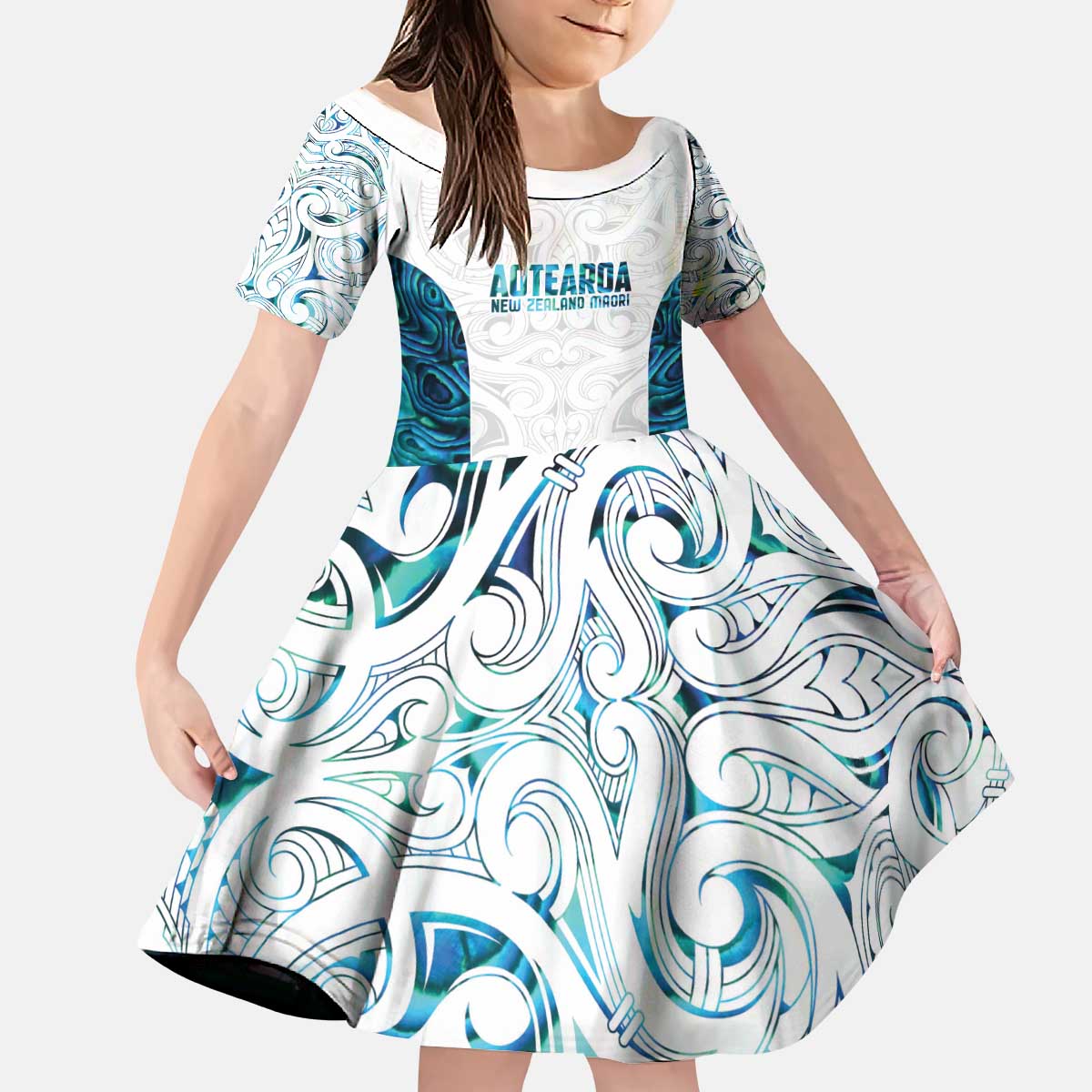 Custom New Zealand Aotearoa Kid Short Sleeve Dress Maori Paua Shell Indigenous - Aussie Hoodie