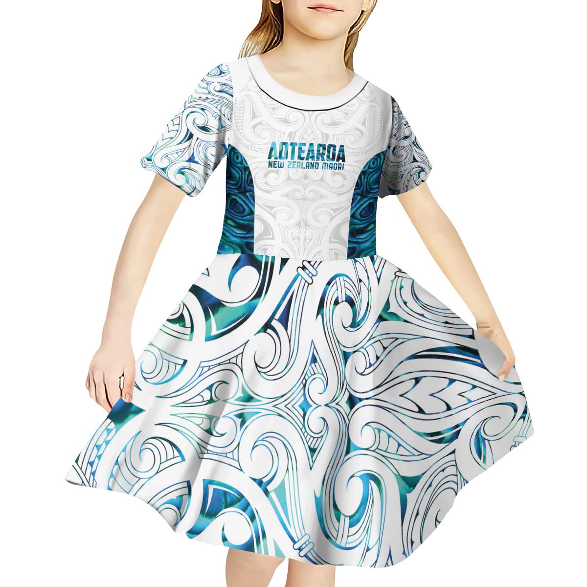 Custom New Zealand Aotearoa Kid Short Sleeve Dress Maori Paua Shell Indigenous - Aussie Hoodie