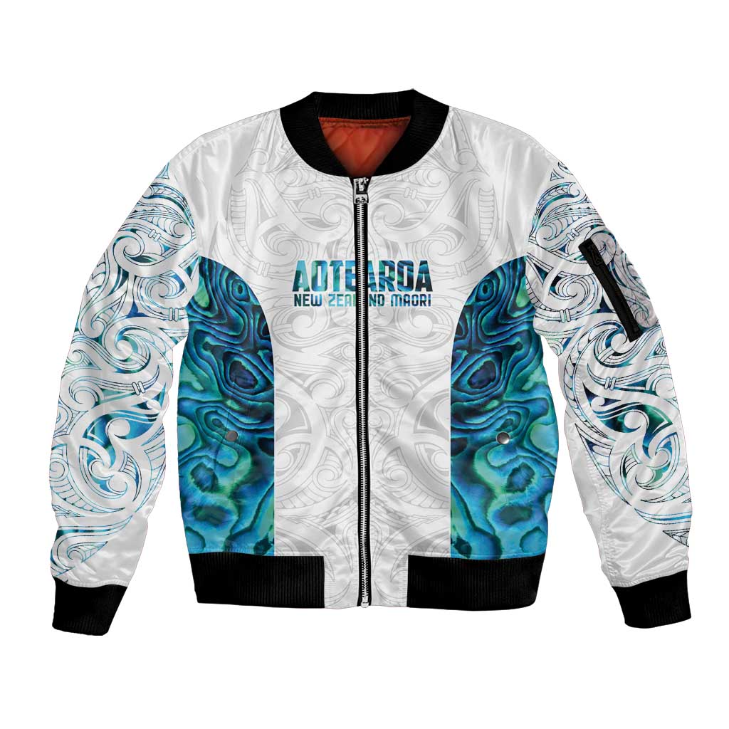 Custom New Zealand Aotearoa Sleeve Zip Bomber Jacket Maori Paua Shell Indigenous - Aussie Hoodie