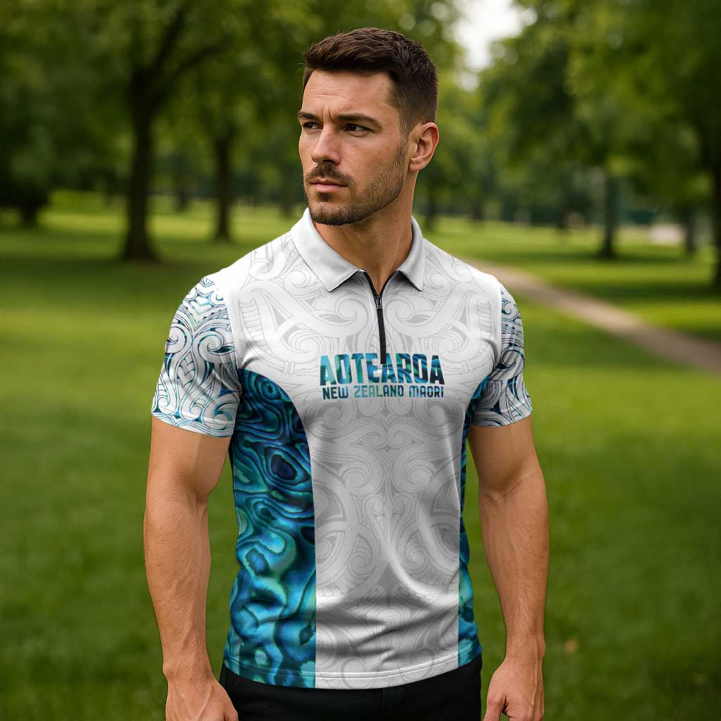 Custom New Zealand Aotearoa Zipper Polo Shirt Maori Paua Shell Indigenous - Aussie Hoodie