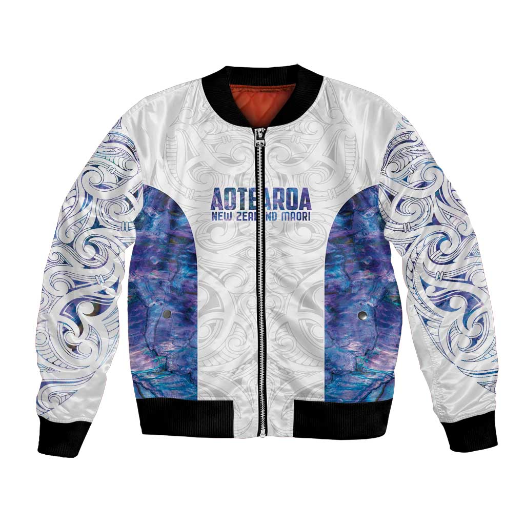 Custom New Zealand Aotearoa Bomber Jacket Purple Maori Paua Shell Indigenous - Aussie Hoodie