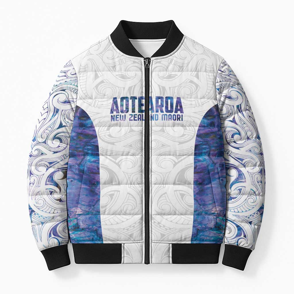 Custom New Zealand Aotearoa Bomber Puffer Jacket Purple Maori Paua Shell Indigenous - Aussie Hoodie