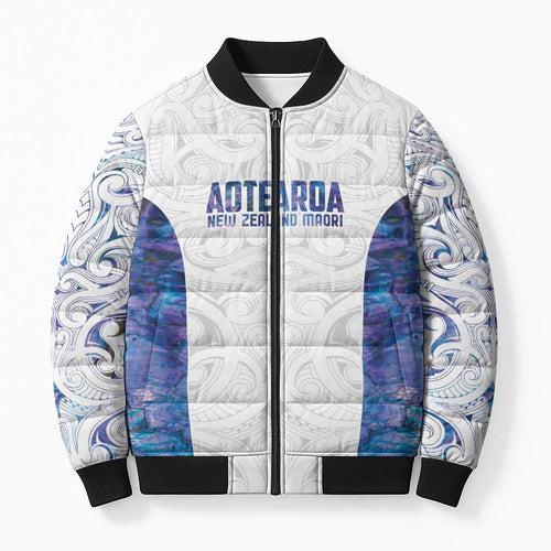 Custom New Zealand Aotearoa Bomber Puffer Jacket Purple Maori Paua Shell Indigenous - Aussie Hoodie