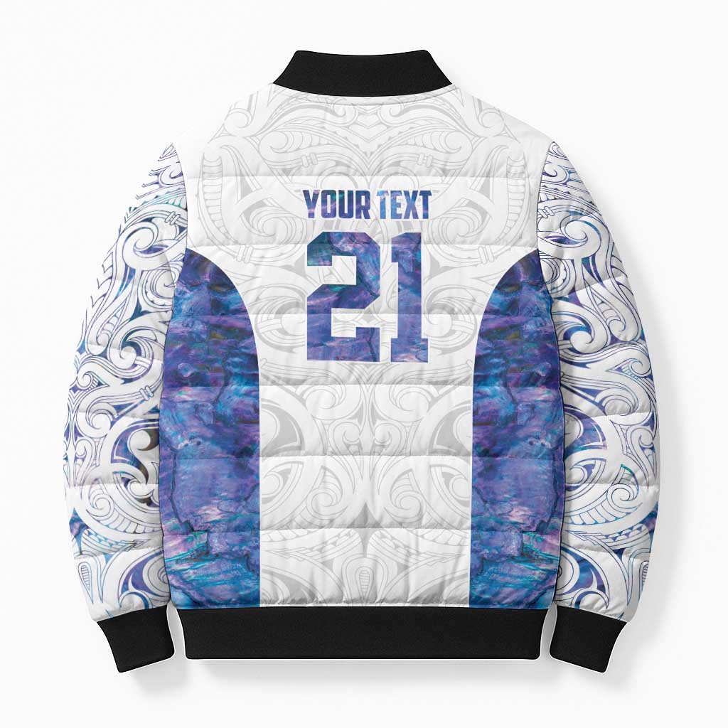 Custom New Zealand Aotearoa Bomber Puffer Jacket Purple Maori Paua Shell Indigenous - Aussie Hoodie