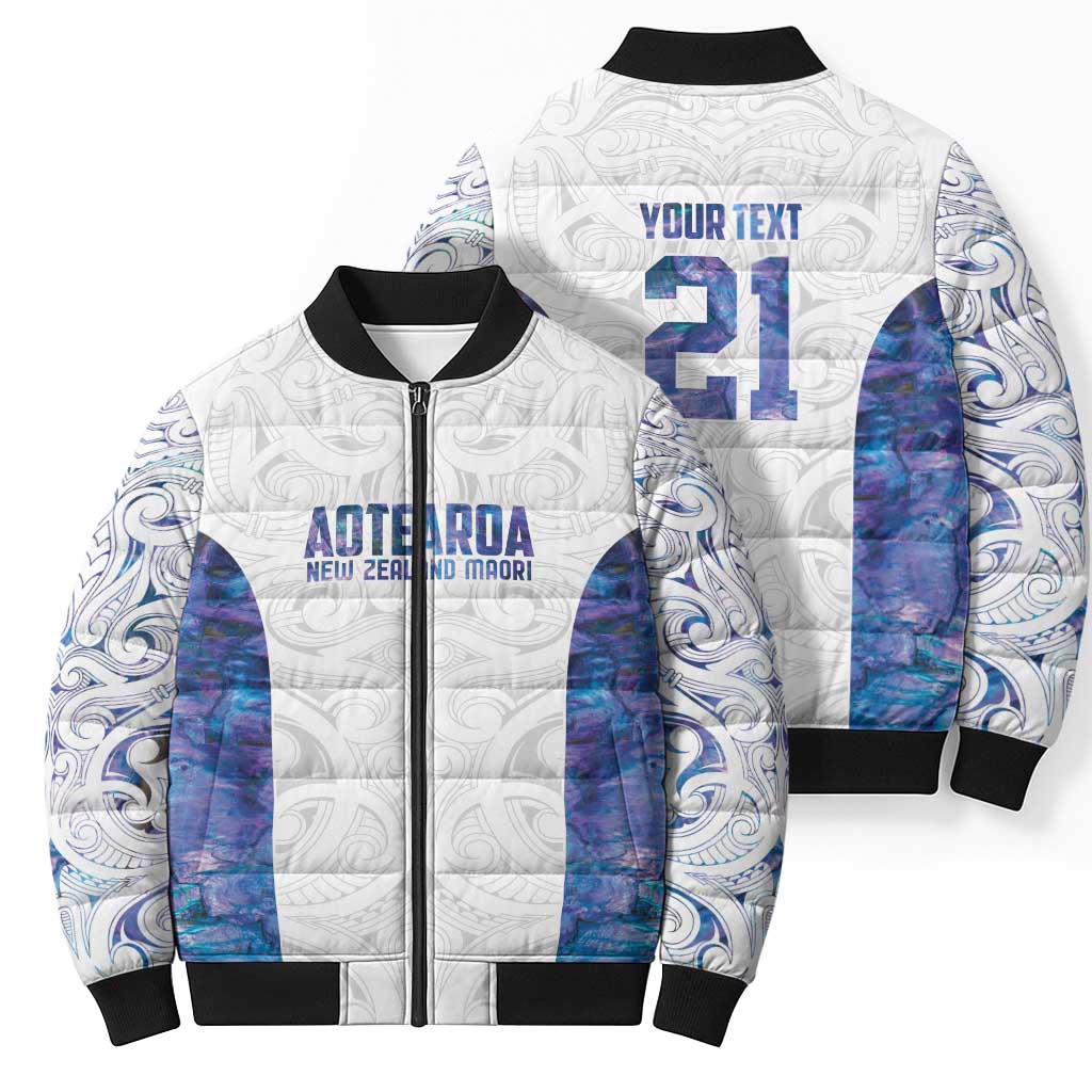 Custom New Zealand Aotearoa Bomber Puffer Jacket Purple Maori Paua Shell Indigenous - Aussie Hoodie